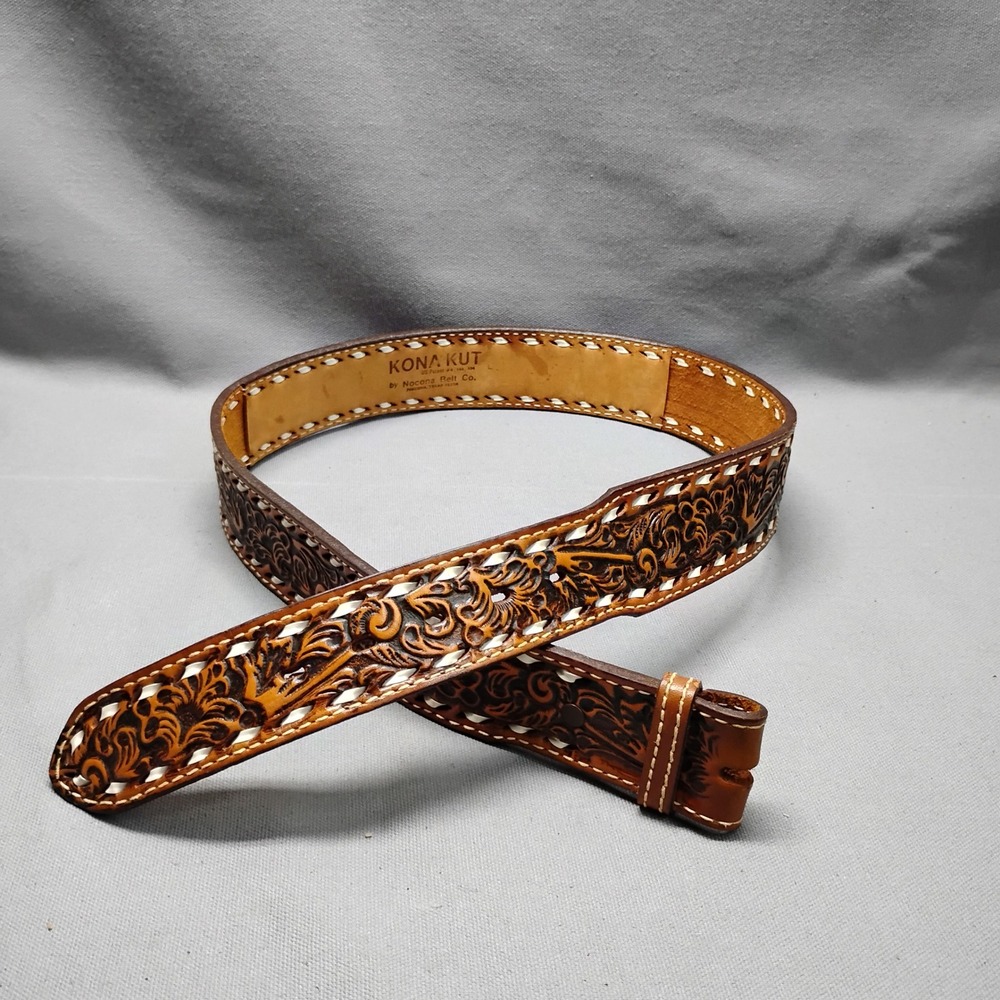 Vintage Nocona Kona Kut Floral Tooled Leather Belt Brown White Stitch 40